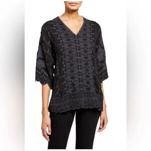 Johnny Was Hakaru V-Neck 3/4-Sleeve Black Tonal Embroidered Tunic Small